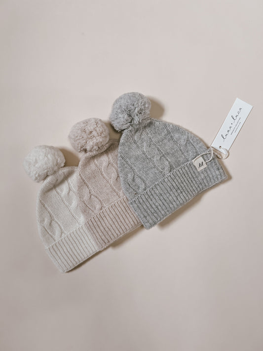 Luna + Luca Cable Knit Pom Beanie - Heather Gray