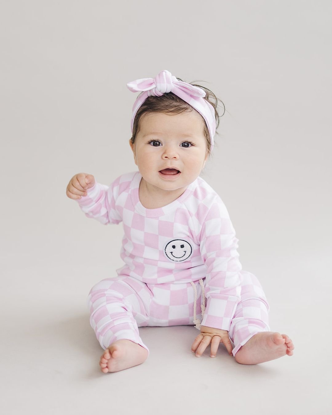 Checkered Smiley Lounge Set | Pink